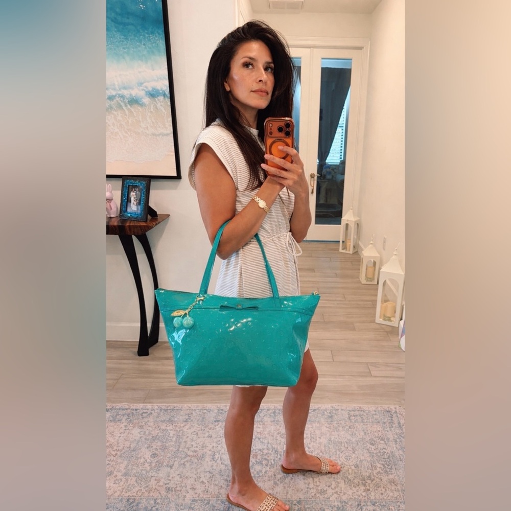 Kate Spade Sophie Camellia Street Teal Tote w Gold Hardware & Matching Cherries - Picture 3 of 17
